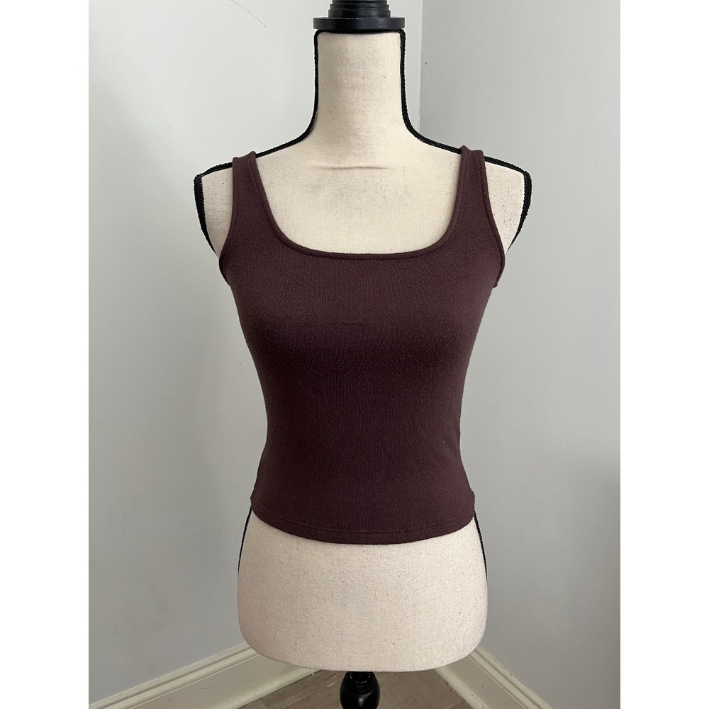 Lou & Grey Brown Minimalist Knit Top size XS Square Neck Office Chic Mocha NEW